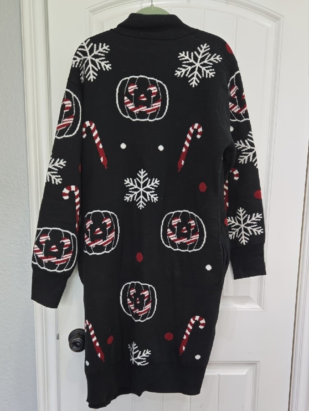 Black Holiday Cardigan with Candy Cane & Snowflake Motifs